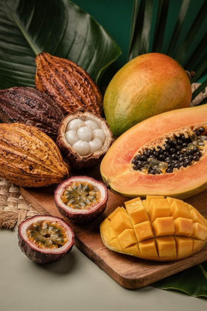 Exotic tropical fruits with cacao pods