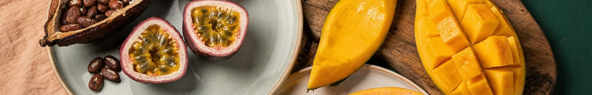 Cacao pods, passion fruit and mango arrangement